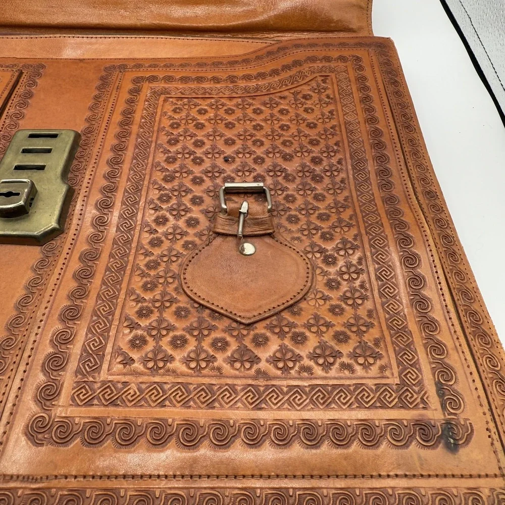 Vintage House of Uppenheim Tooled Leather Briefcase Brown Aztec Eagle Mexico Bag